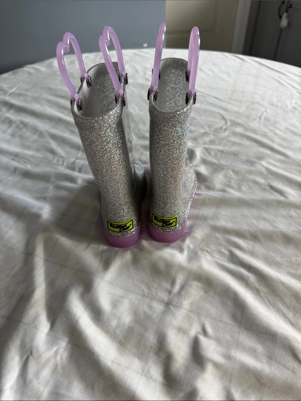 Western Chief Silver Glitter Kids Rain Boots with Pink Handles
